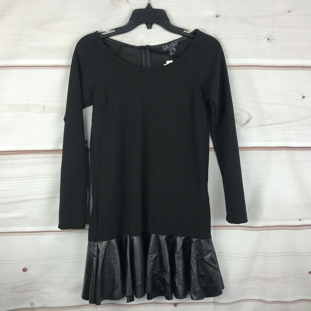 Aqua Dress Womens XS‎ Black Mini Faux Leather Ruffle Hem Long Sleeve Boat Neck
